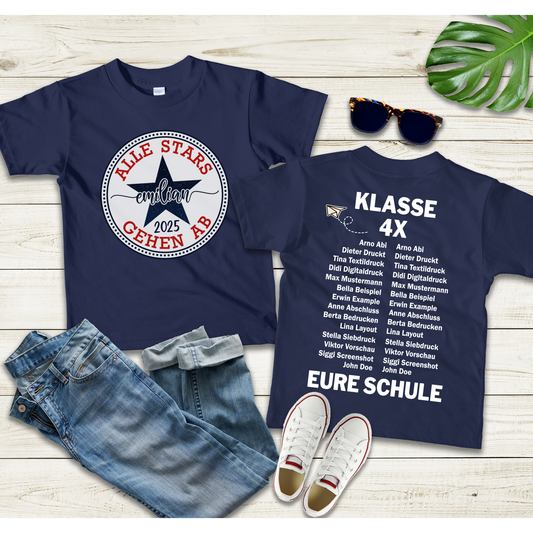 Schulkind Gruppenshirt | Schulabschluss Grundschule | Abschiedsgeschenk 4. Klasse Schüler | beidseitig bedruckt mit Namen und Schuljahr
