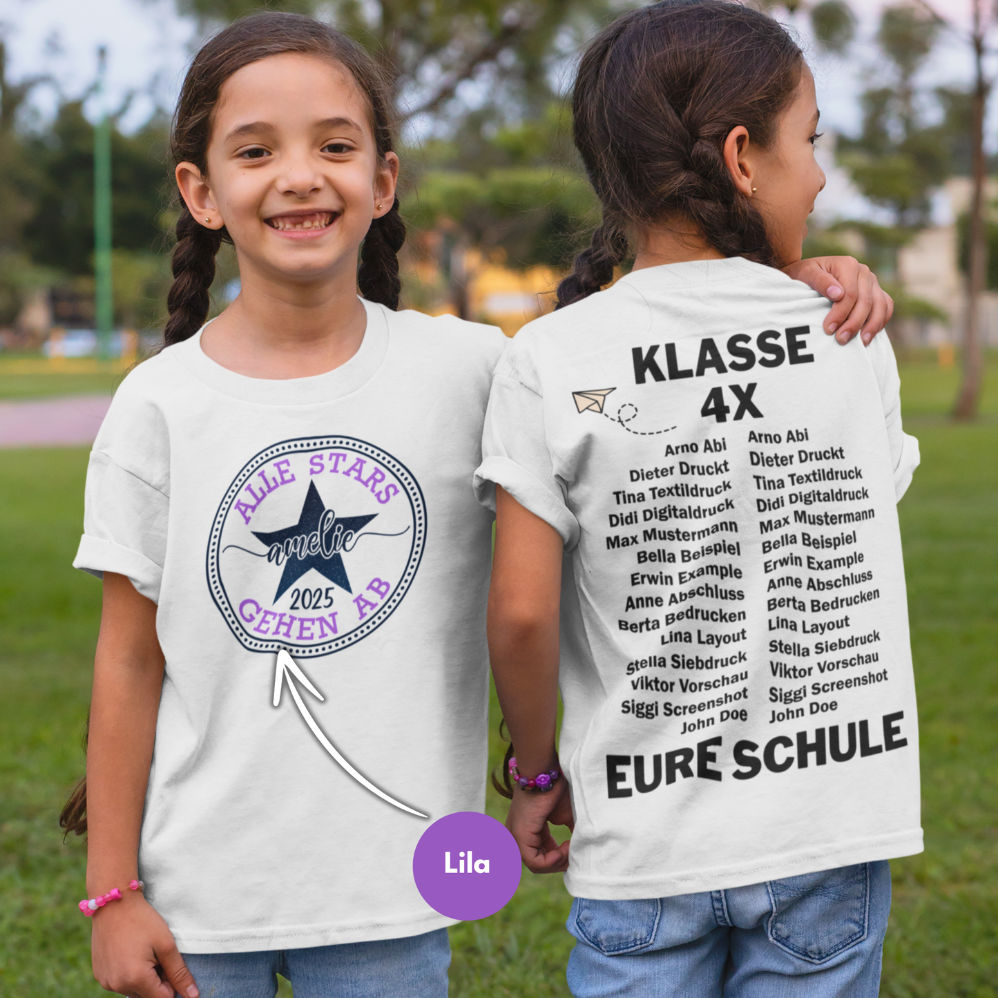 Schulkind Gruppenshirt | Schulabschluss Grundschule | Abschiedsgeschenk 4. Klasse Schüler | beidseitig bedruckt mit Namen und Schuljahr