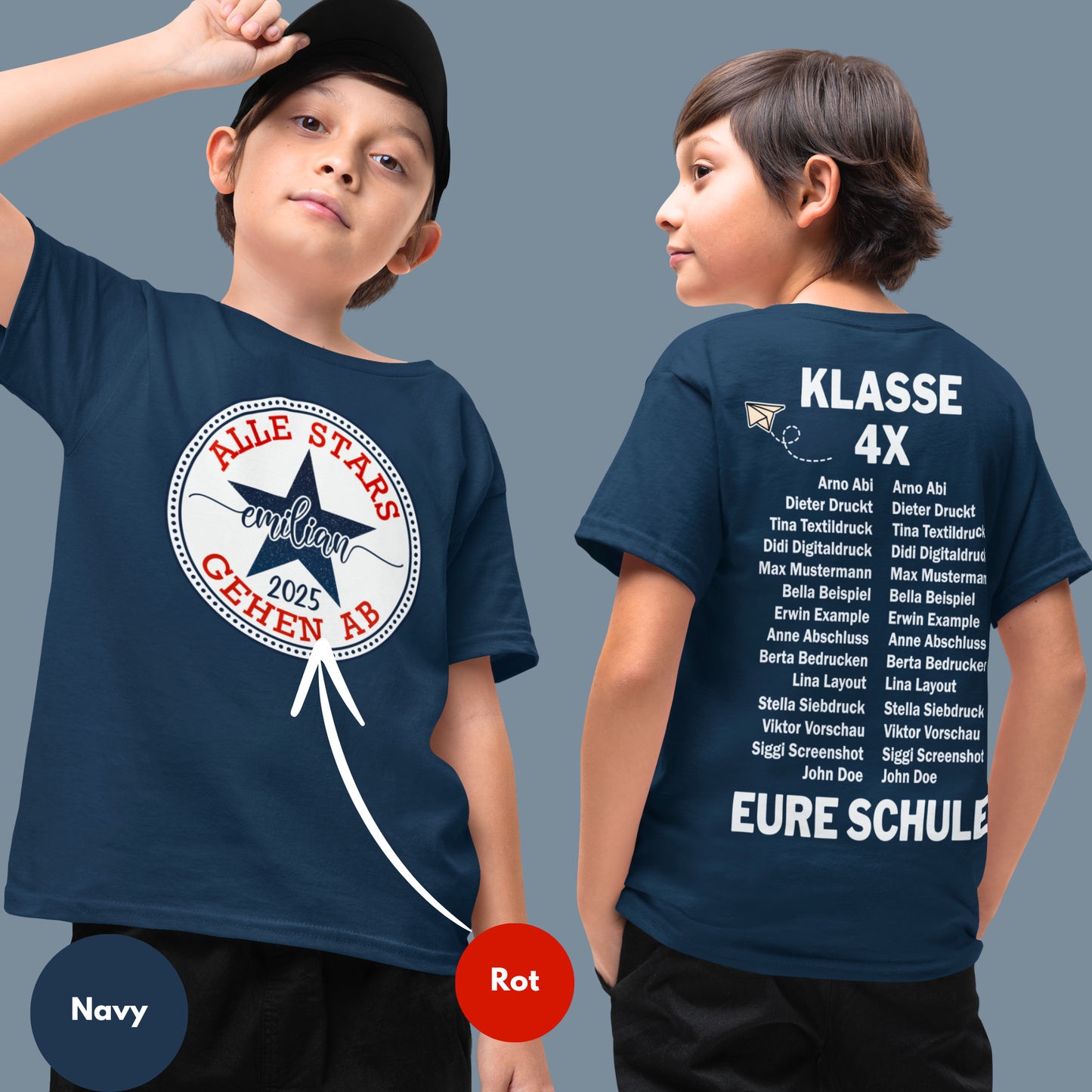 Schulkind Gruppenshirt | Schulabschluss Grundschule | Abschiedsgeschenk 4. Klasse Schüler | beidseitig bedruckt mit Namen und Schuljahr